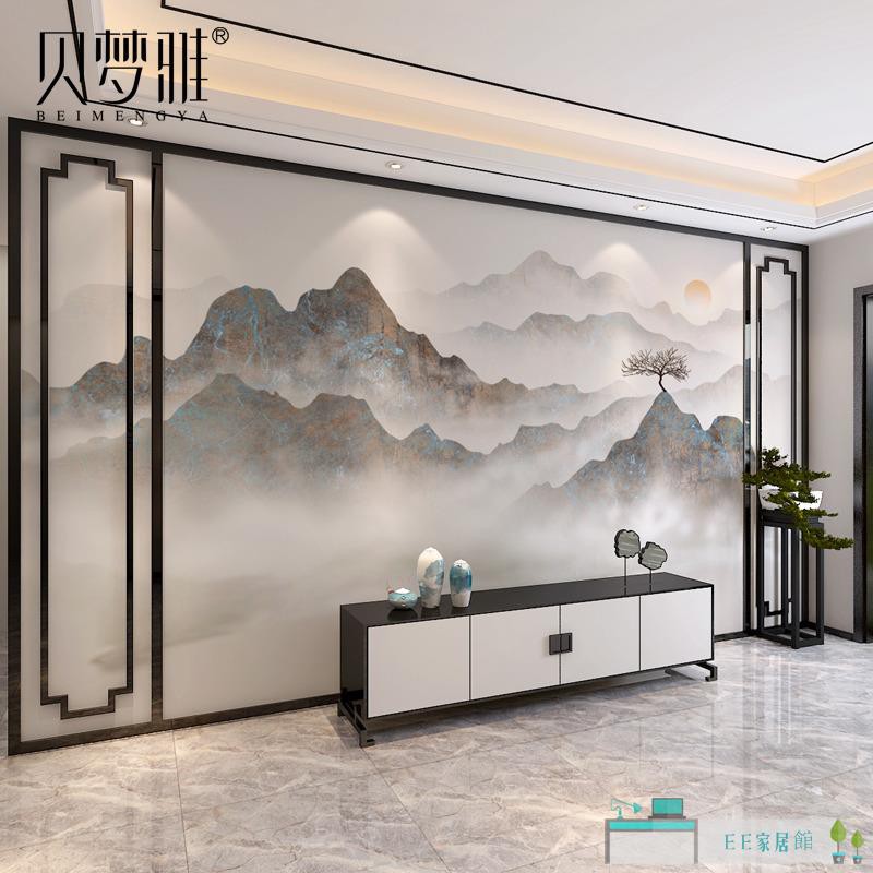 壁紙輕奢新中式意境山水壁布電視背景墻壁畫客廳沙發無縫墻布墻紙 Ee家居館 蝦皮購物