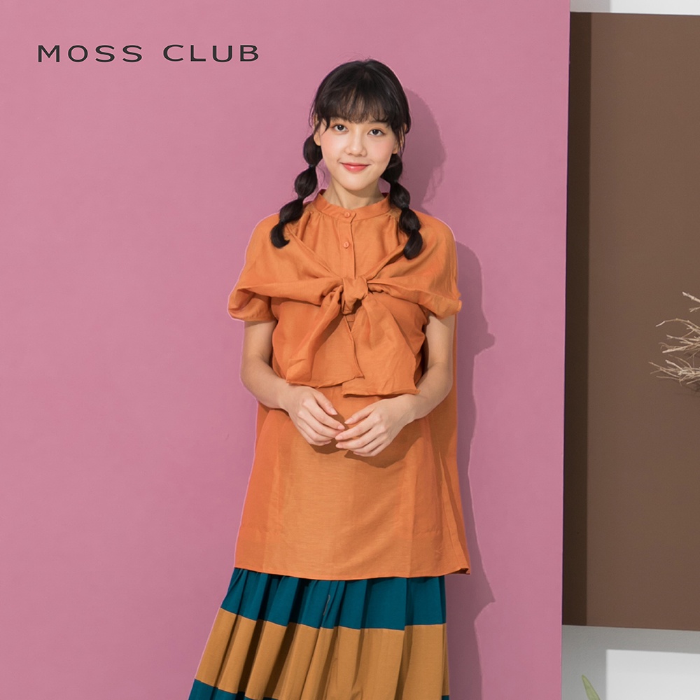 【MOSS CLUB】立領綁結造型-女短袖襯衫 綁結 藍 咖(二色/版型寬鬆)