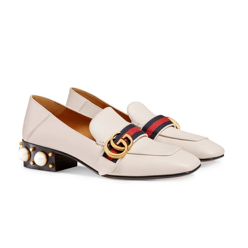 降價👼 GUCCI 全新正品 37.5IT 樂福鞋 珍珠跟 White Leather mid-heel loafer