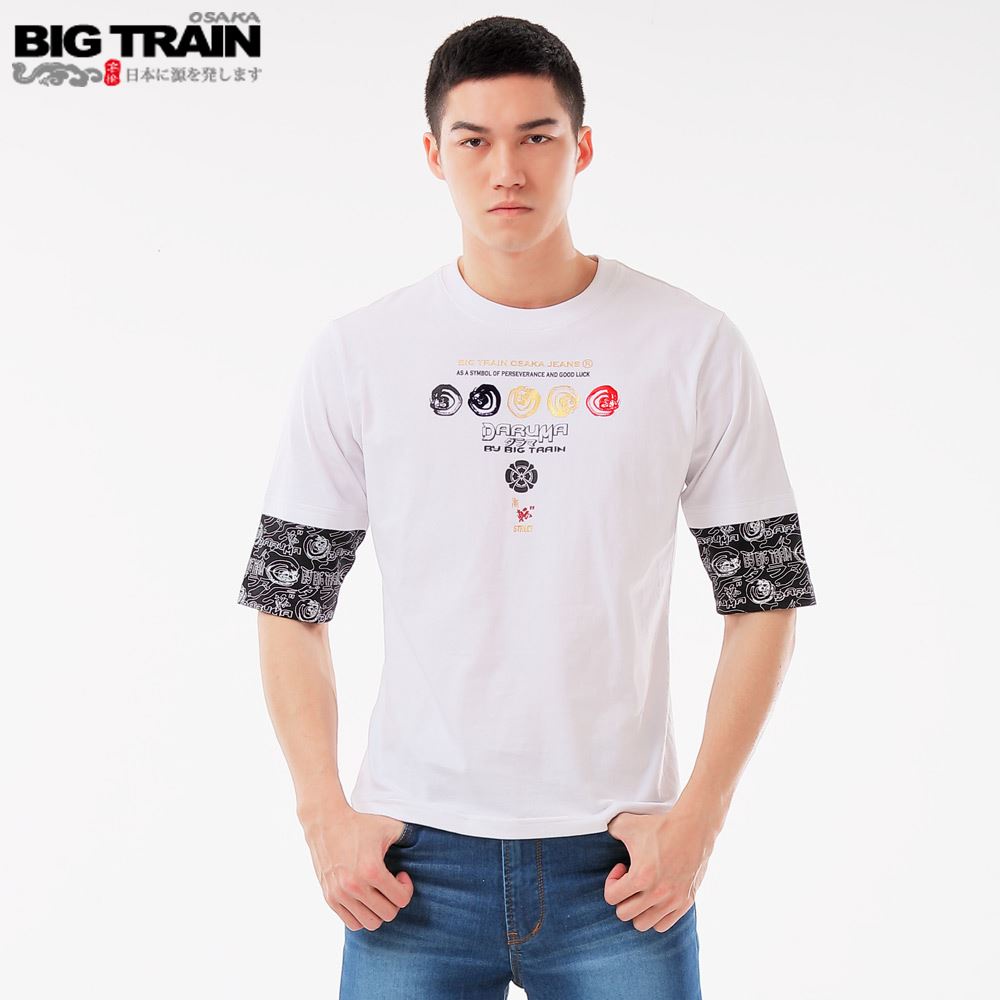 BIG TRAIN 翻轉潮流配色五分袖T-白 B80693