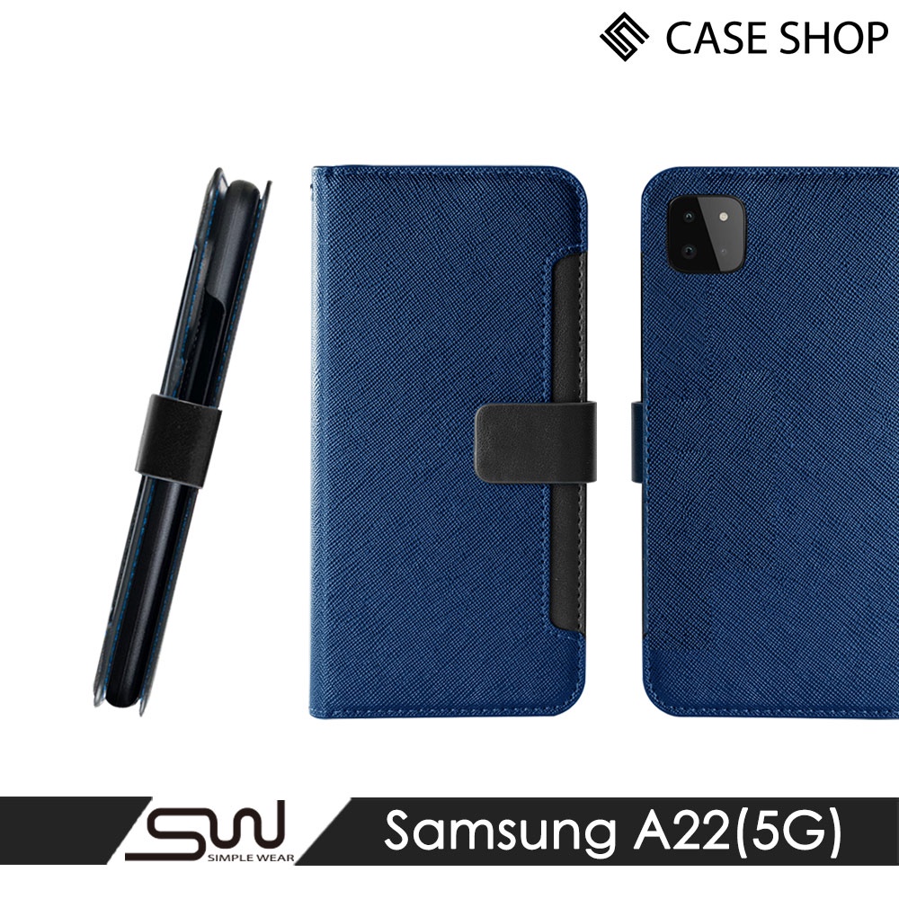 【CASE SHOP】 Samsung A22(5G) 前插卡側立式皮套-藍
