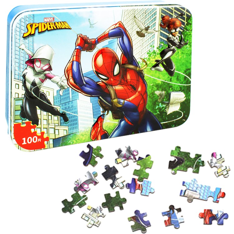 漫威英雄蜘蛛人鐵盒拼圖玩具組木質拼圖100片隨機出貨633680/632683【77小物】