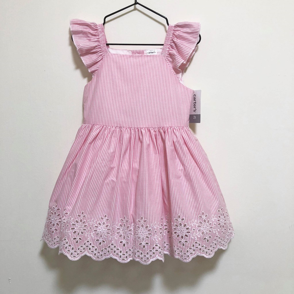 A005全新美國品牌童裝carter's粉紅色條紋雕花澎裙洋裝2T