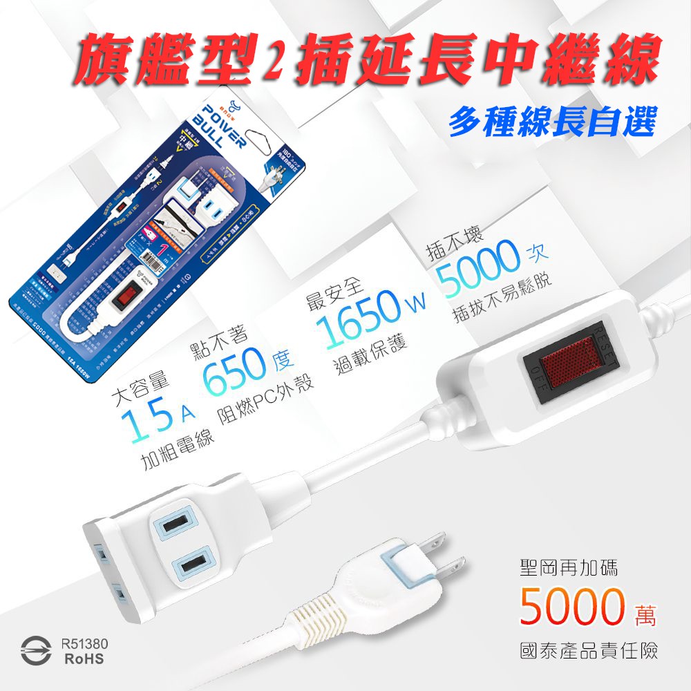 動力公牛pb 202 旗艦型電源延長中繼線2p 2插座延長線中繼式開關阻燃材質2p插頭可180度旋轉 蝦皮購物