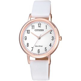CITIZEN 星辰 光動能指針女錶 皮革錶帶 白色錶面 防水50米 EM0579-14A