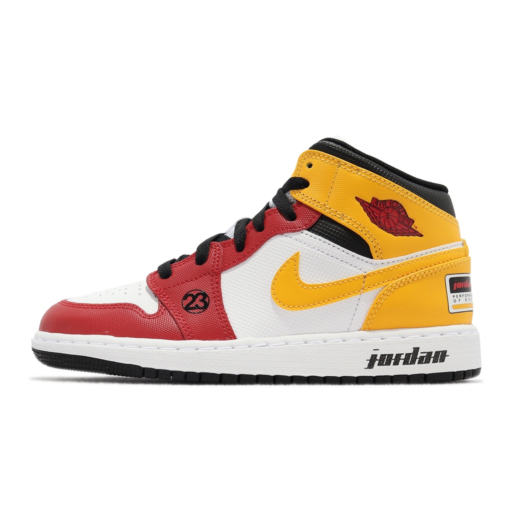 Nike Air Jordan 1 Mid SE 紅 黃 AJ 賽車方格紋 女鞋 大童【ACS】 DJ0336-067