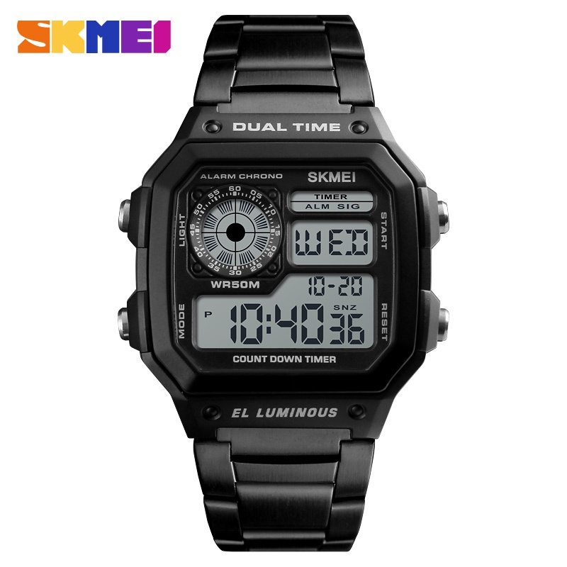Skmei 1335 5Bar 防水手錶頂級奢華時尚運動手錶男士不銹鋼錶帶數字手錶 2 次手錶