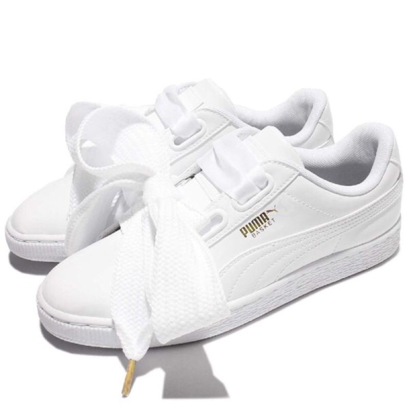 Puma Basket Heart Patent🌟蝴蝶結 寬版鞋帶 緞帶 亮皮 白金 女鞋🎀