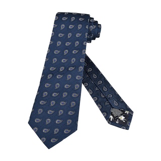 PAUL SMITH標籤LOGO佩斯利印花設計真絲搭配黑底小碎花內裡領帶(寬版/深藍)
