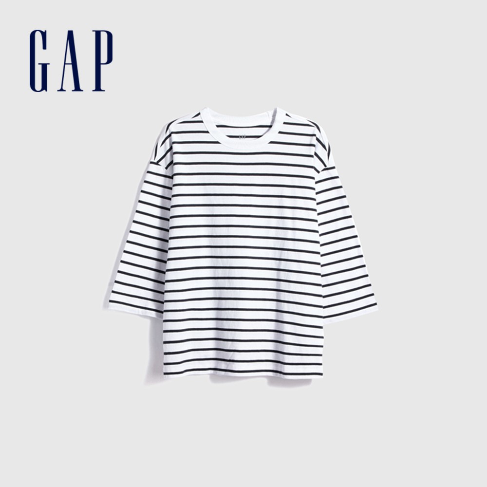 Gap 男裝 時尚條紋設計圓領長袖T恤 厚磅密織系列-白色條紋(629518)