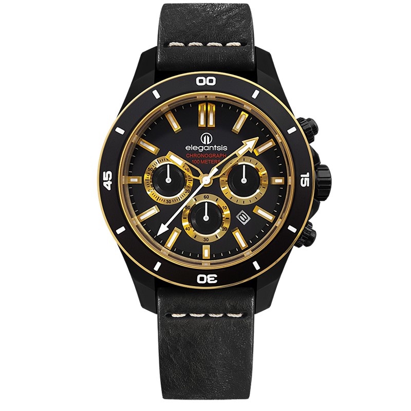 【elegantsis】JT65R 騎士系列三眼計時腕錶-黑x金框/48mm(ELJT65R-6G02LC)