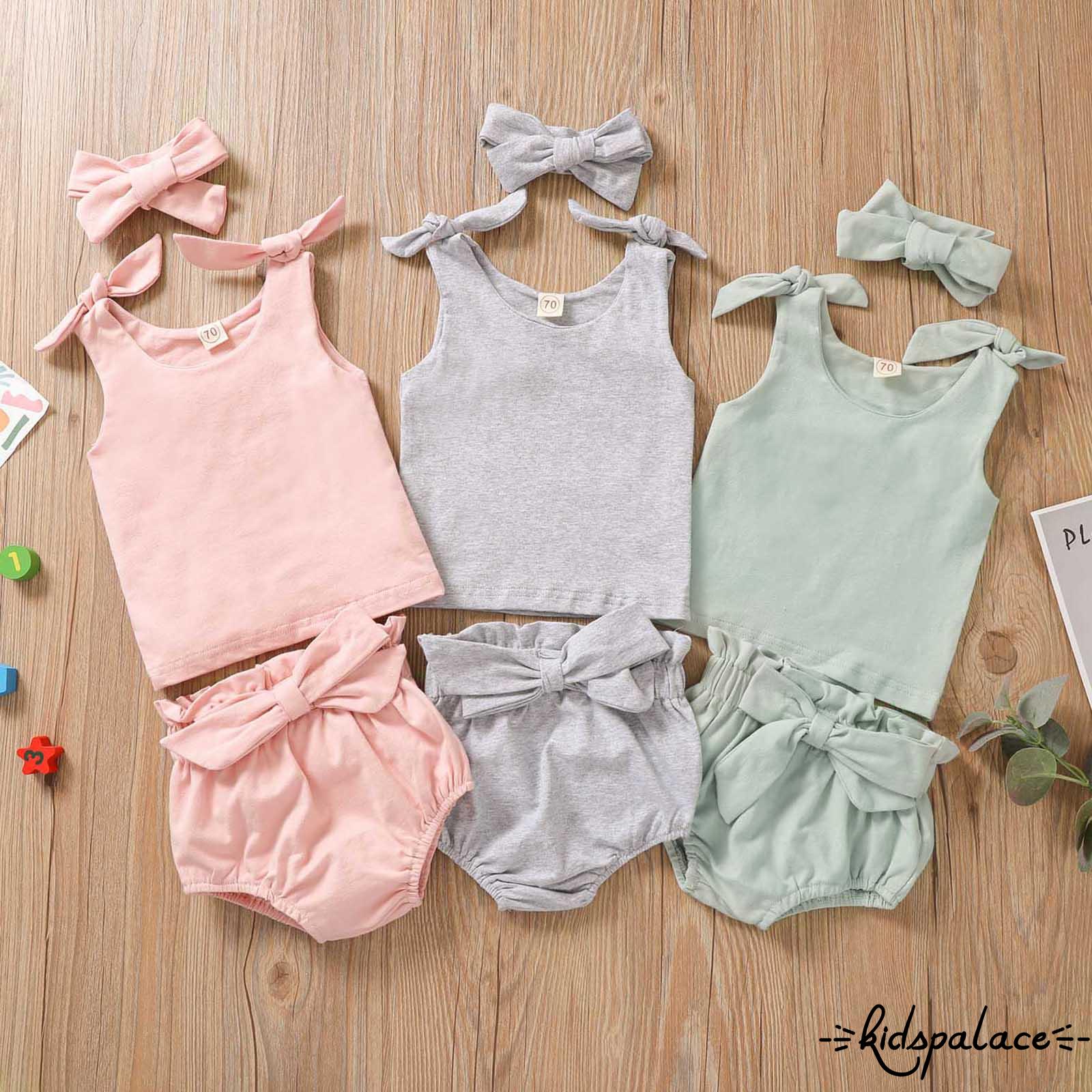 q 3件裝女嬰夏季服裝 無袖領帶結背心背心 燈籠褲 頭帶套裝 蝦皮購物