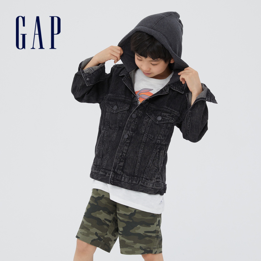 Gap 男童裝 拼接連帽牛仔外套-水洗黑(739882)
