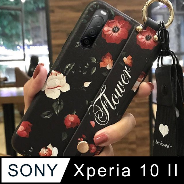 適用sony Xperia 10 II 文青彩繪插圖 腕帶手機殼 掛繩  支架 軟殼 伸縮 黑底紅花