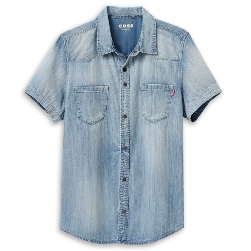 【ERSS】牛仔水洗短袖襯衫 - 男 漂淺藍 K40005