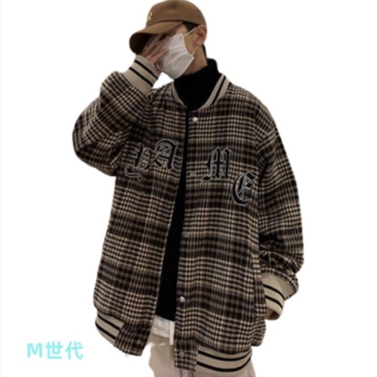 【M世代】棒球外套美式復古格子外套刺繡棒球服男夾克男女棉衣(BCLW029)