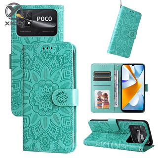 XIAOMI 適用於小米 POCO C40 手機殼的 XICCI 翻蓋手機殼向日葵壓花磁性皮革錢包手機殼