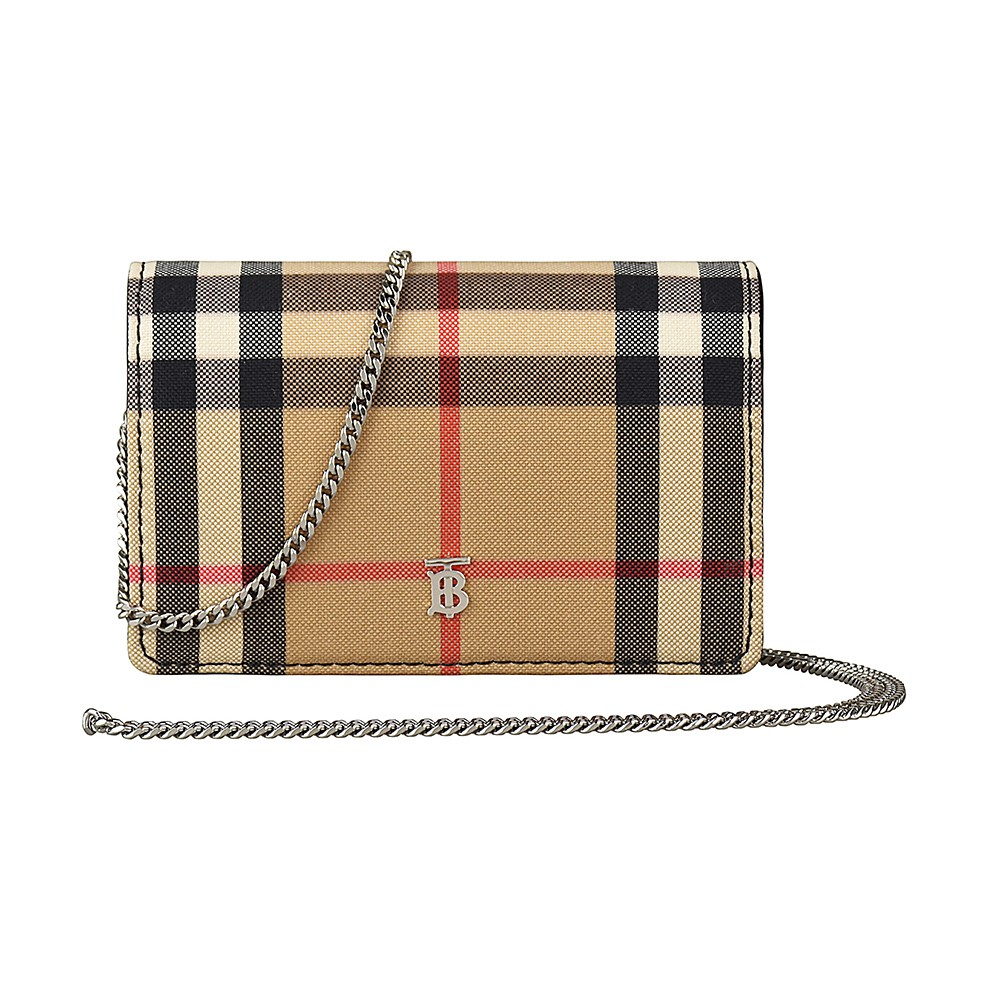 Burberry VINTAGE E-CANVAS 經典銀色字母LOGO格紋帆布鏈帶扣式斜背零錢包(米x黑)