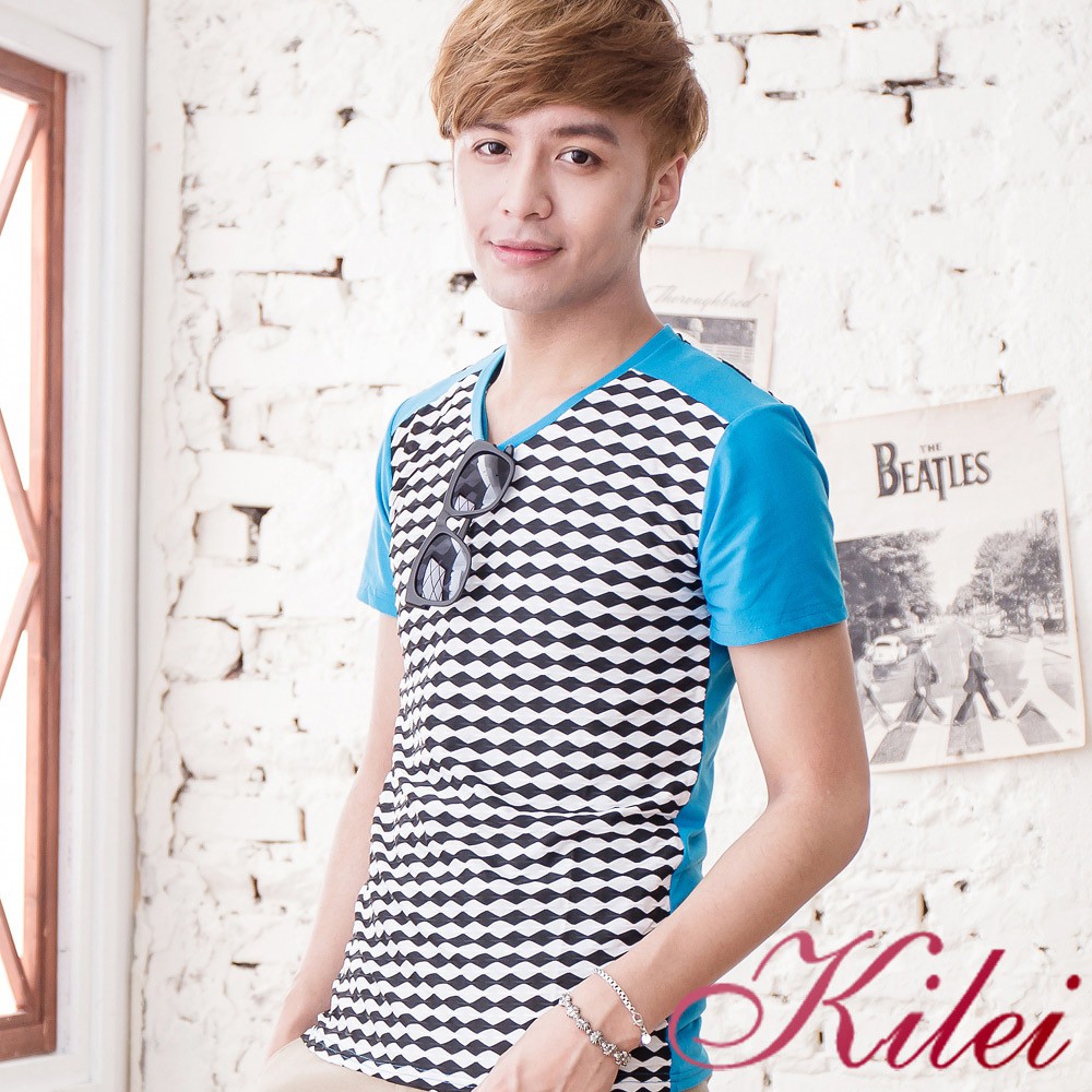 【Kilei】新潮菱格拼接設計棉質T恤XA1447(創意藍)賠售特價