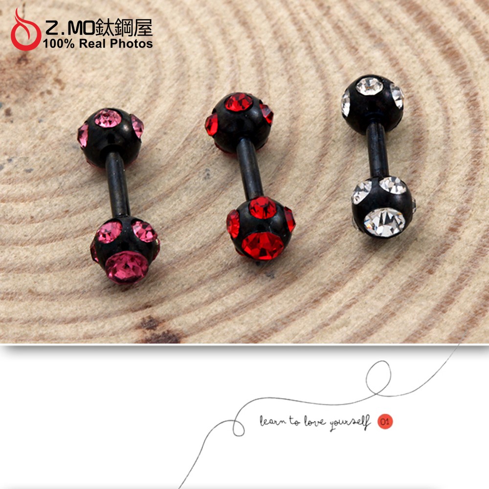 Z.MO鈦鋼屋- ES-43     黑色耳環點綴閃鑽/雙頭精緻設計/隱形耳環/抗敏鋼針/單個價