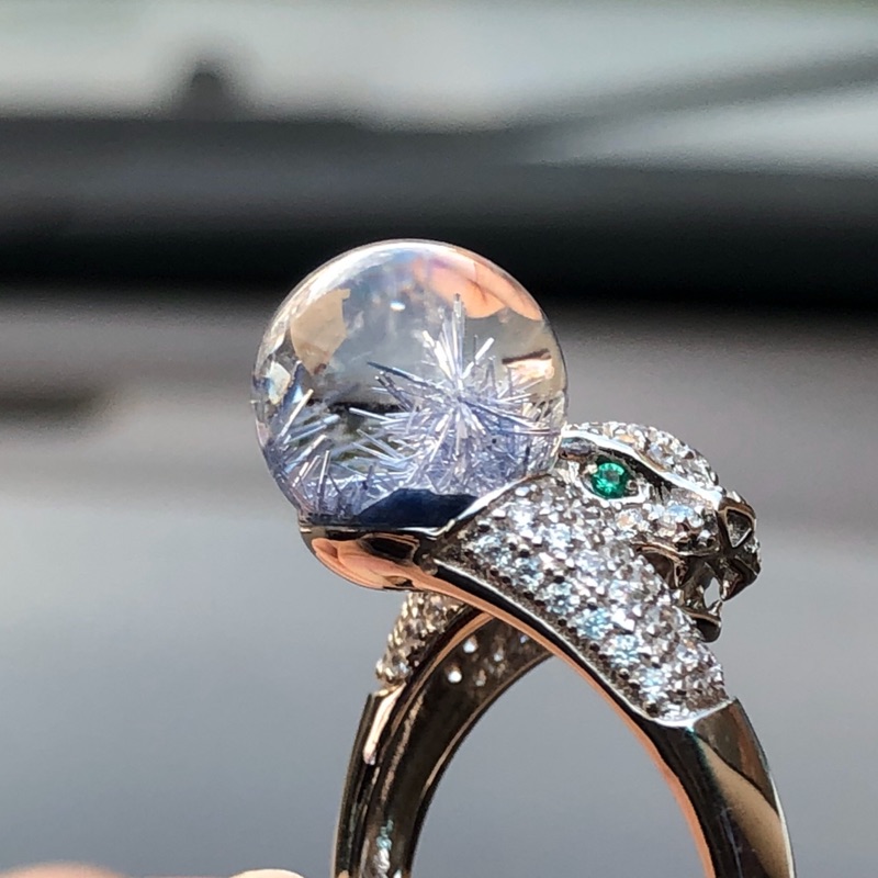 天然水晶 藍髮晶 藍線石豹子造型純銀戒指