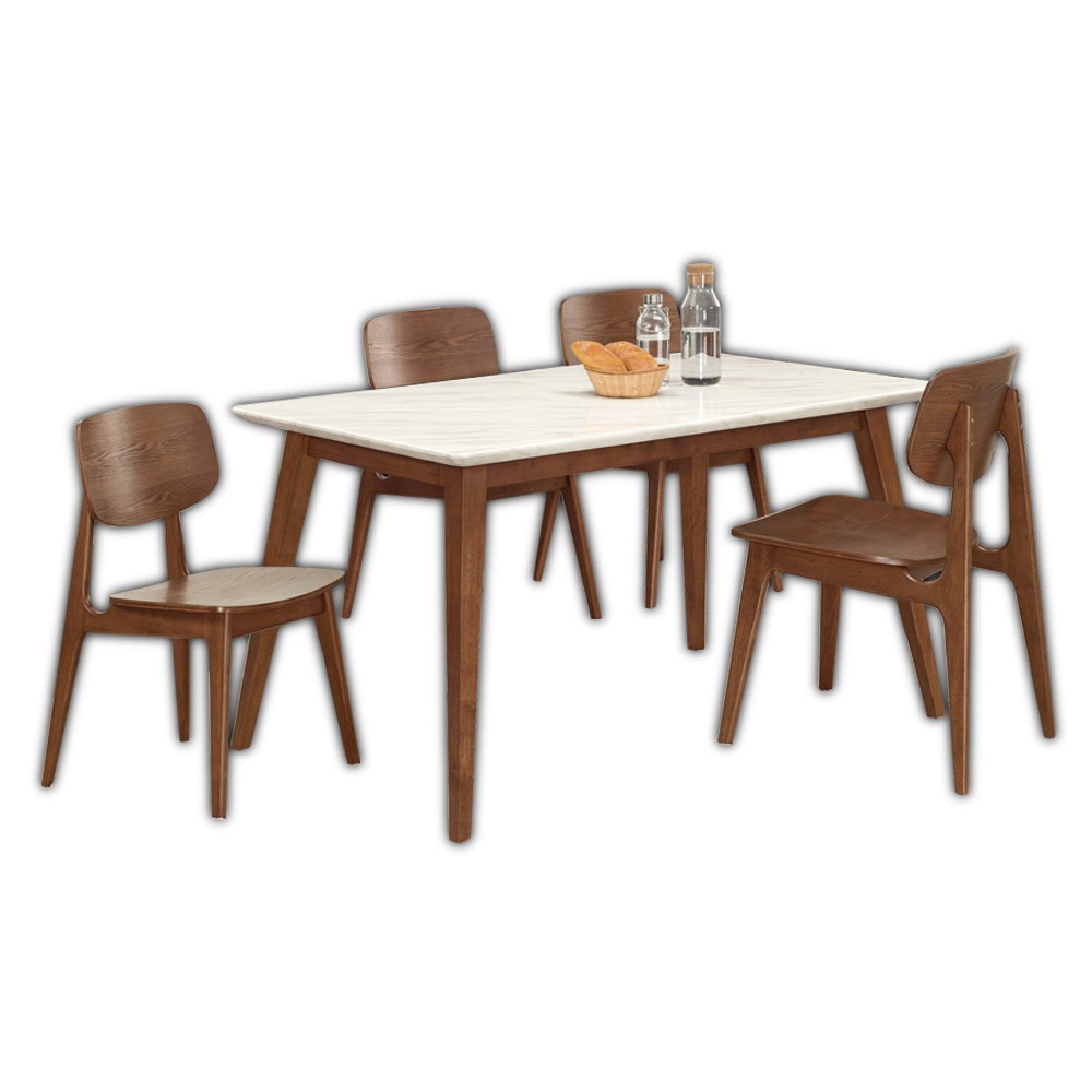Boden-溫克4.7尺胡桃色石面餐桌椅組合(一桌四椅)(曲木餐椅)