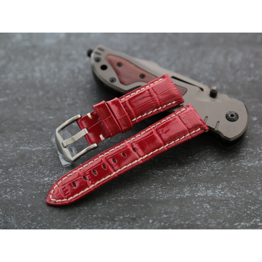 小沛的新衣-紅色 高質感24mm 22mm可替代panerai原廠錶帶之鱷魚皮紋真牛皮錶帶 白線