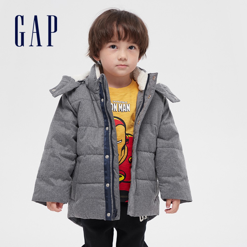 Gap 男幼童裝 簡約仿羊羔絨拉鍊連帽外套-灰色(593052)