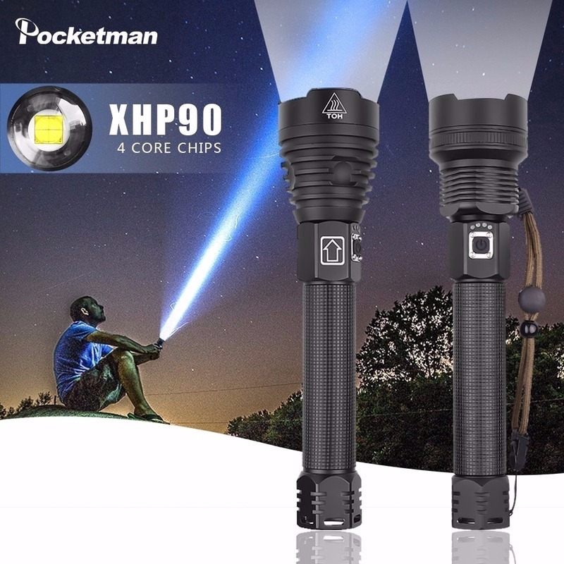 高質量的強大的XHP90 LED手電筒燈變焦手電筒USB可充電戰術燈18650或26650露營狩獵燈