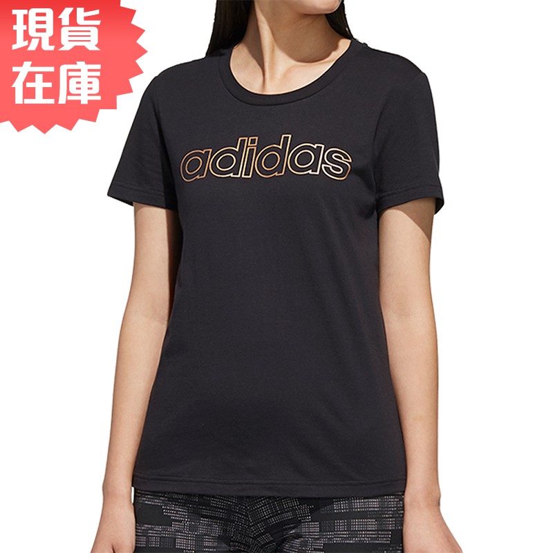 Adidas 女短袖上衣 純棉 燙金 黑【運動世界】FL0164