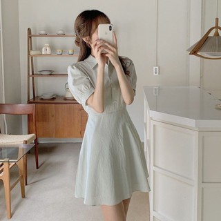 44778 薄荷綠簡約短袖洋裝 新款韓版純色氣質收腰連衣裙