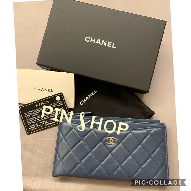二手chanel 藍灰色銀釦羊皮扁夾 蝦皮購物