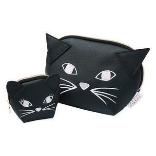 wbar☆日本LOWRYS FARM貓咪皮革化妝包兩件組 黑貓零錢包 小物包 鑰匙包 口紅包 耳機包 收納包 收納袋