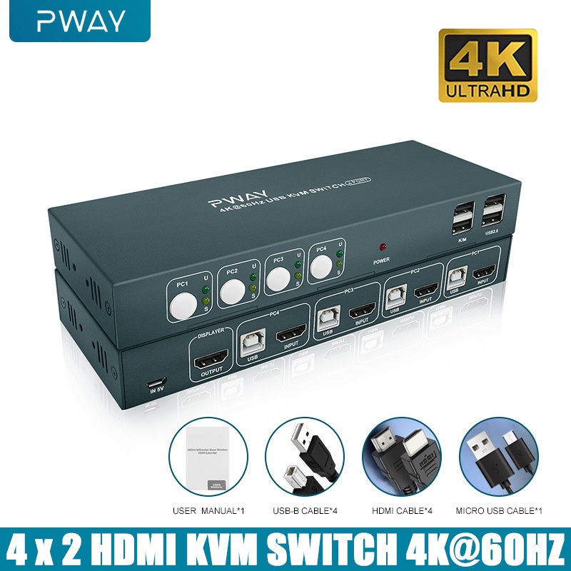 Pway 4K@60HZ HDMI KVM 切換器 4 進 2 出支持 HDMI 2.0 HDCP 2.2 帶 USB