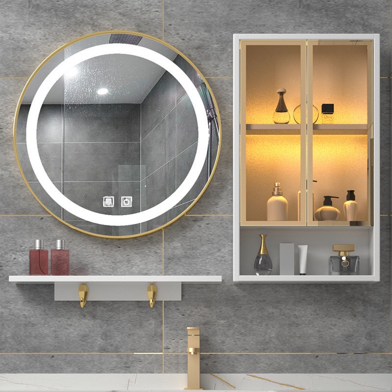 【免運/廠直】(破損包賠)浴室鏡柜帶燈掛墻式衛生間儲物鏡箱智能除霧梳妝圓形鏡子帶置物架