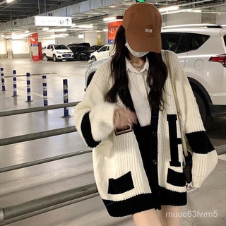 觀霧學院風鞦鼕新款字母拚色毛衣外套女學生韓版寬鬆百搭長袖針織開衫 VUFG