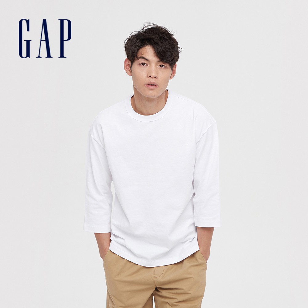 Gap 男裝 簡約素色寬鬆圓領長袖T恤 厚磅密織系列-白色(629517)