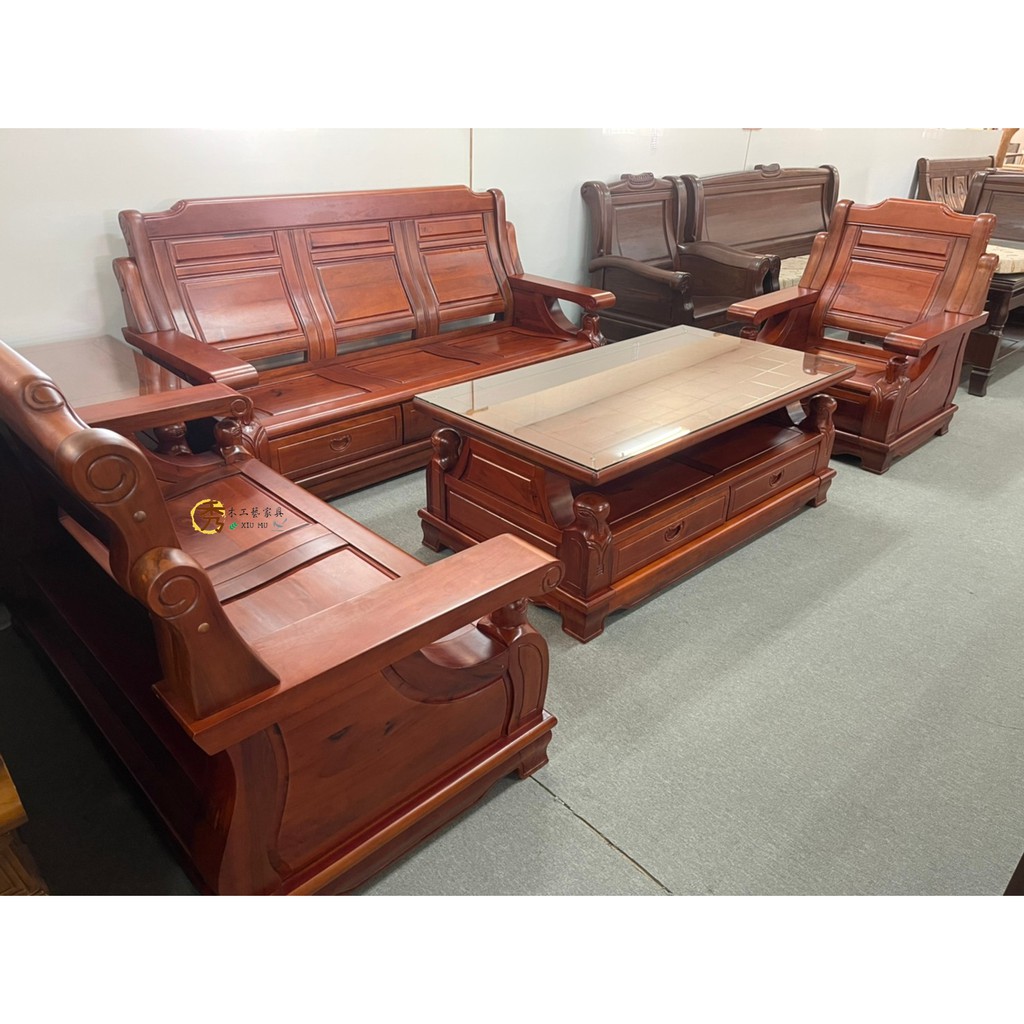 限量特價秀木工藝-全樟木木板椅123型大小茶几組 木沙發-企鵝-全樟木