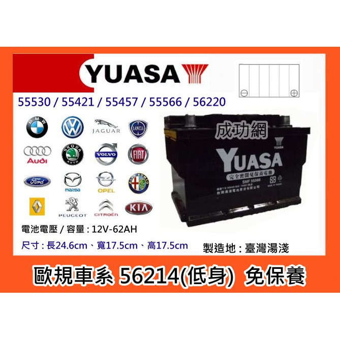 $成功網$ YUASA 汽車電池 湯淺電池 56214-SMF 同55457 56220 55545 55530