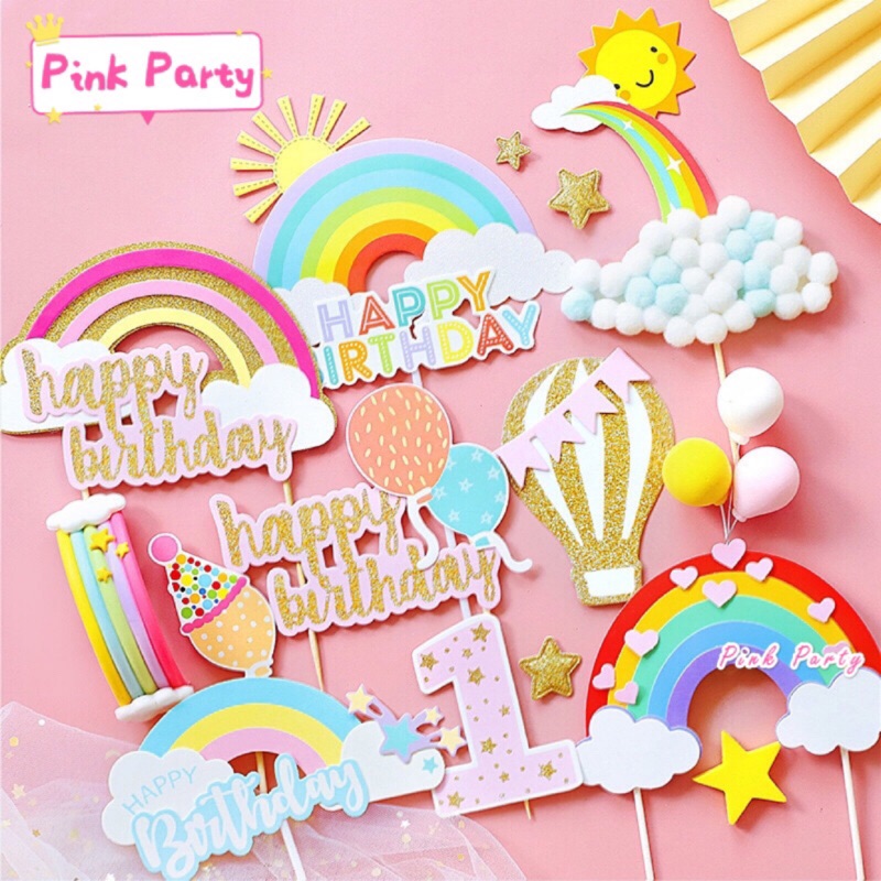 Pink Party派對佈置&amp;蛋糕裝飾［蛋糕裝飾］彩虹裝飾 生日插牌 雲朵裝飾 熱氣球 週歲生日必備 1插籤 蛋糕裝飾