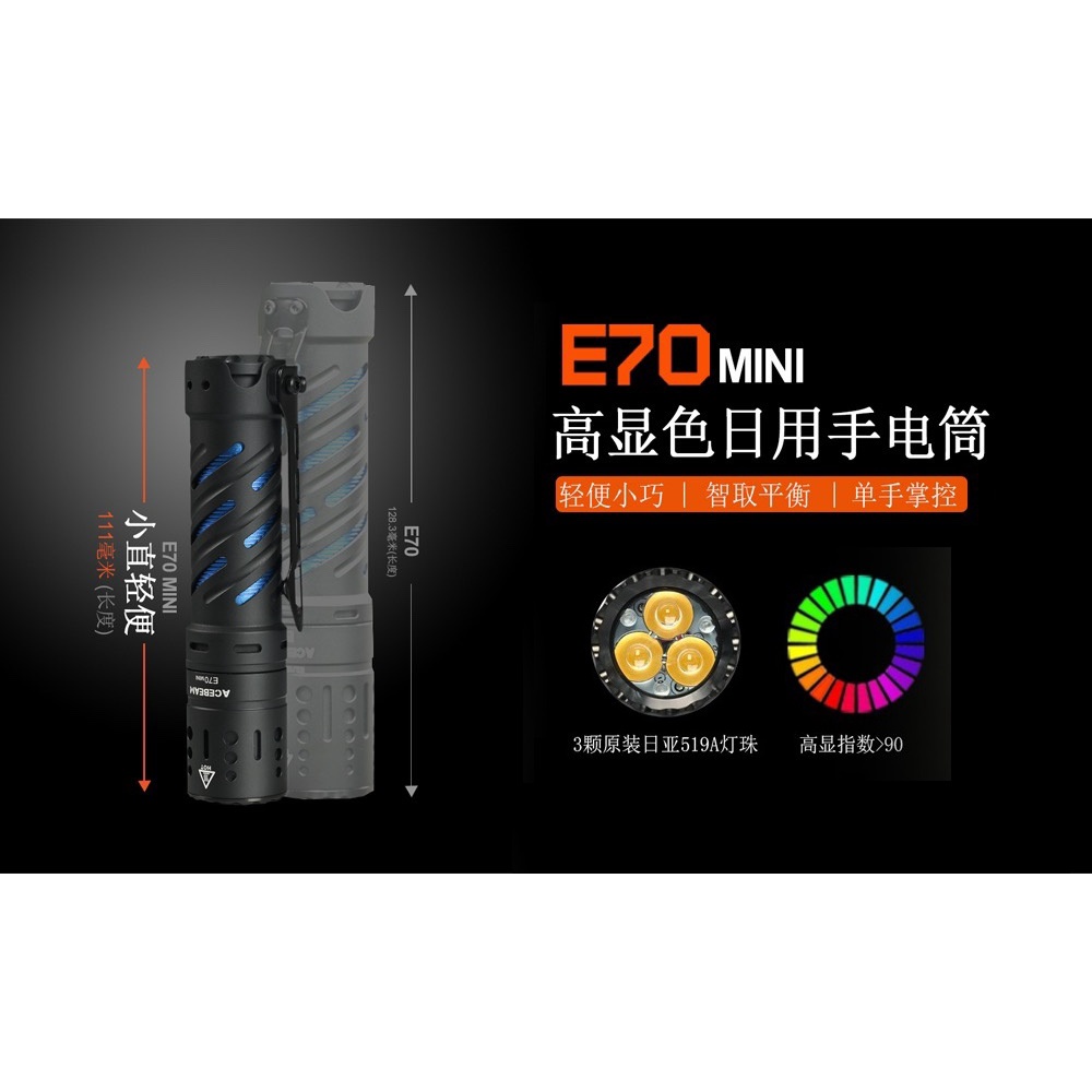 【電筒發燒友】ACEBEAM E70 mini 2000流明 高顯色 日亞泛光LED 補光燈 18650 EDC 手電筒