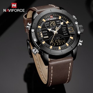 Naviforce 9153L 男士手錶品牌豪華腕錶男士軍事石英數字 Led 時鐘真皮手錶男士禮物
