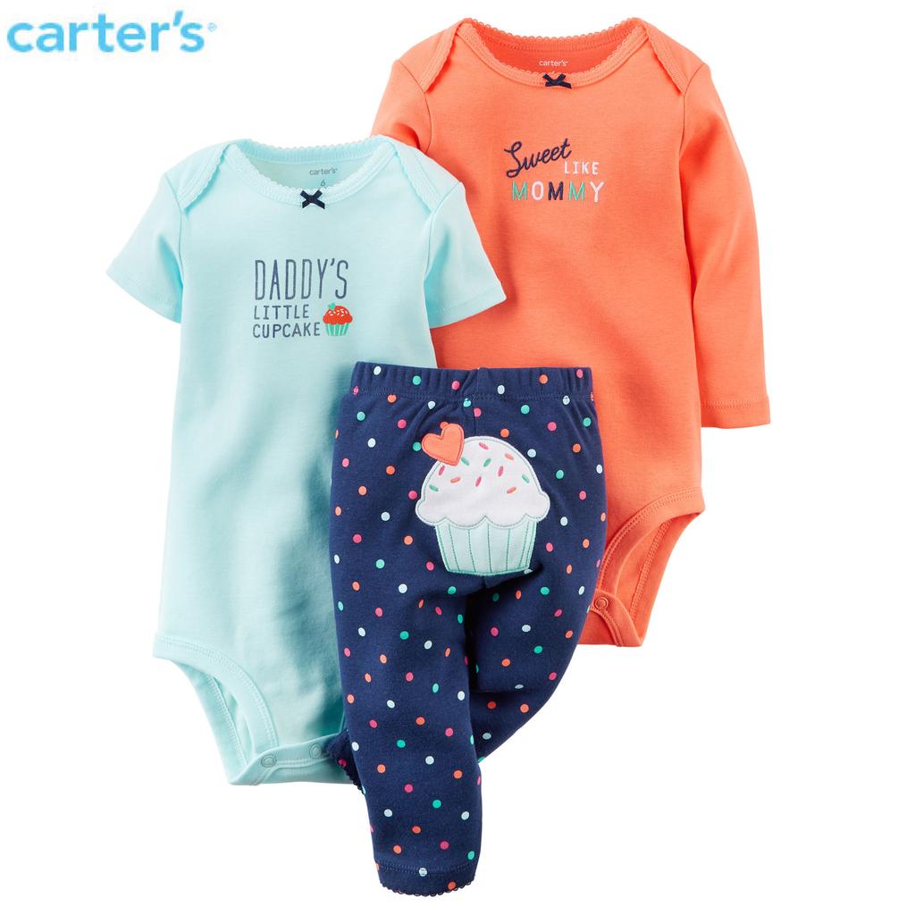 美國Carter's正品 女寶寶冰淇淋圖案短、長袖包屁衣+長褲三件組3M-24M