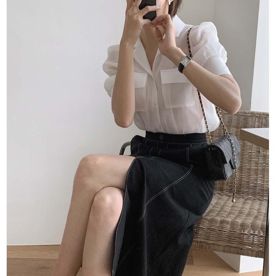 ［Imagine Cattle] 韓國雙口袋輕襯衫+超美高腰魚尾半身裙