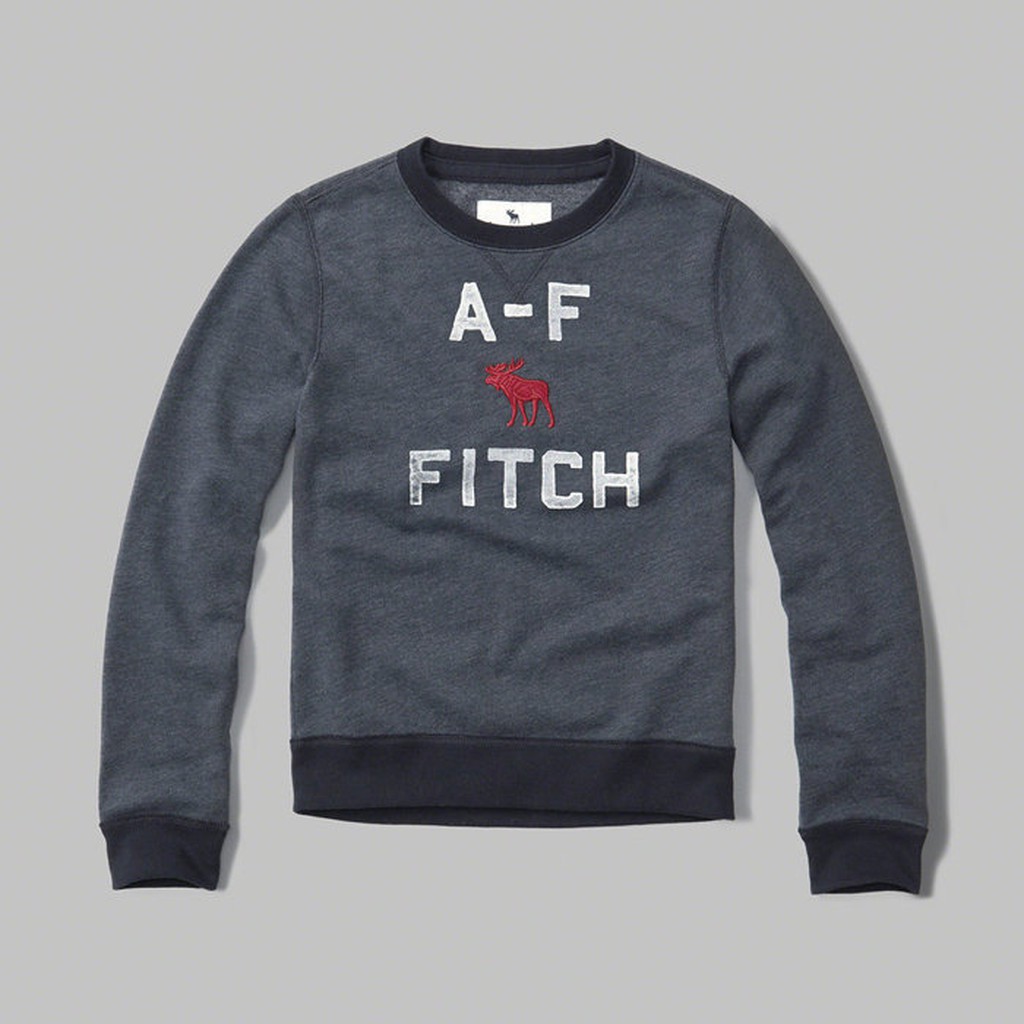 美國百分百【Abercrombie &amp; Fitch】T恤 AF 長袖 T-shirt 大學T 麋鹿 深藍 男女 H344