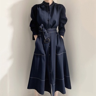 韓國優雅百搭單排扣寬鬆綁帶顯瘦風衣式洋裝洋裝
