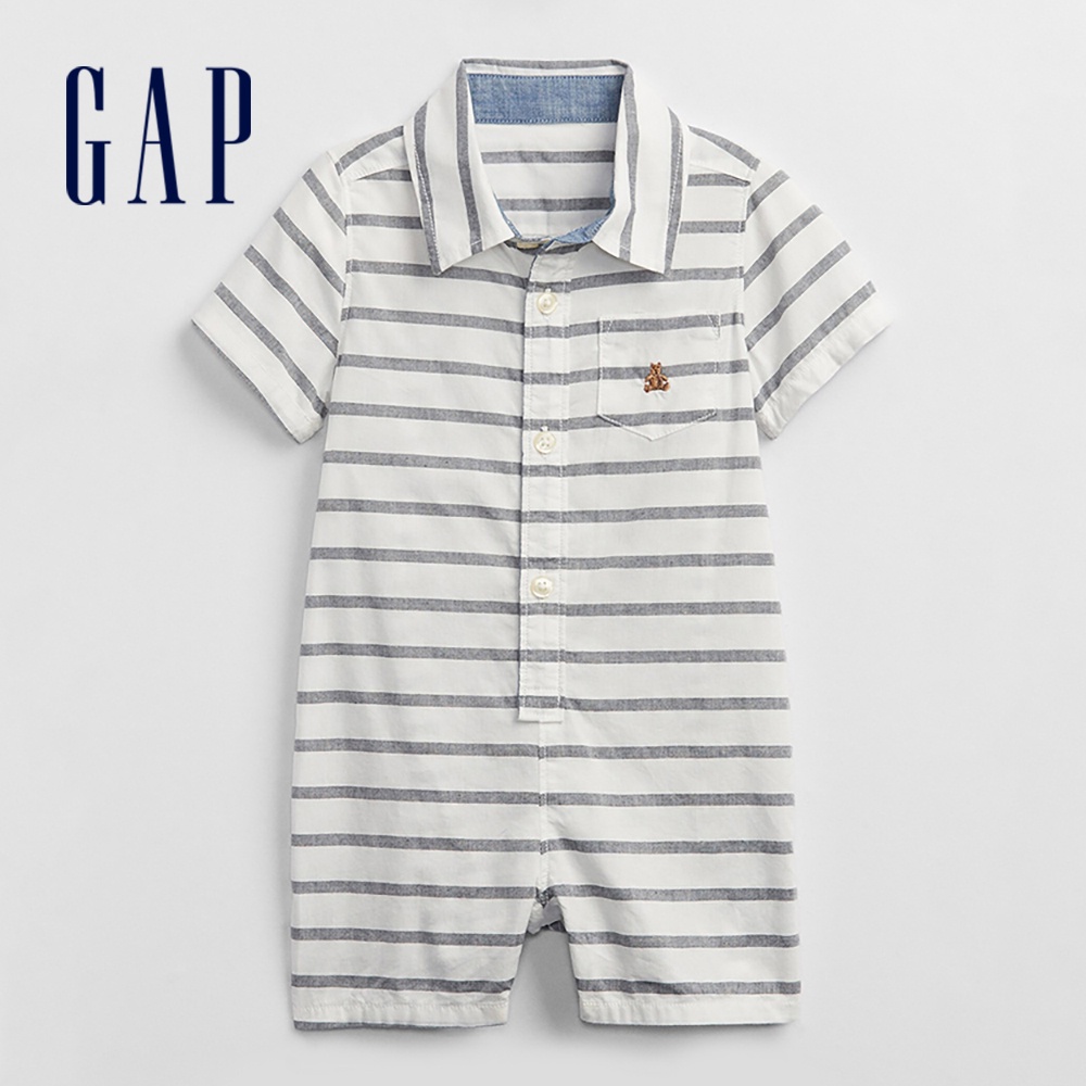 Gap 嬰兒裝 舒適條紋翻領包屁衣-牛奶白(967298)