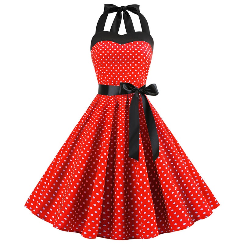 性感復古紅色圓點洋裝連衣裙奧黛麗赫本復古露背連衣裙 50s 60s 哥特式別針飾袍