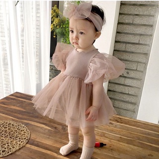 ❤️臺灣現貨❤️韓版嬰幼兒衣服公主包洋裝紗裙哈衣女寶寶短袖蕾泡泡袖連體紗裙薄款女童洋裝