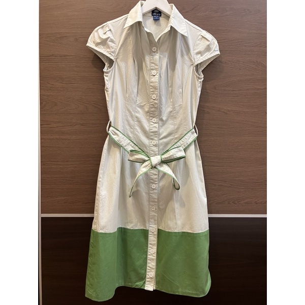 Olivo卡其配綠滾邊包袖小洋裝（二手商品）香港🇭🇰製